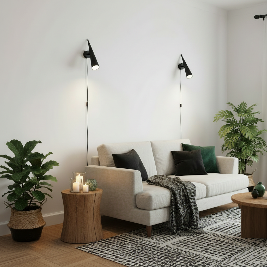 A modern living room scene featuring a light beige fabric sofa styled with black and green throw pillows and a dark gray knit blanket. Two black wall sconces are mounted on the white wall above the sofa, flanked by potted green plants and a small wooden side table with lit candles.