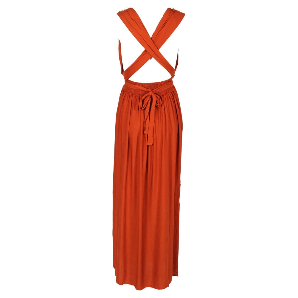 Orange dress with criss-cross straps on a white background