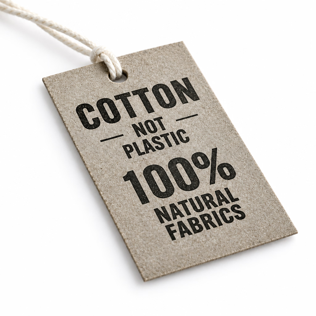 Cotton Not Plastic hanging tag reading ‘100% natural fabrics’ on a white background.
