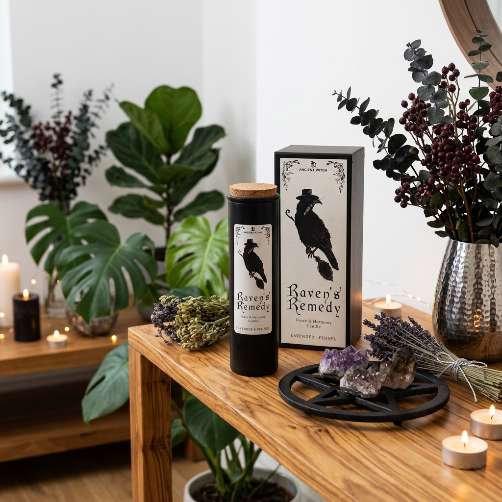Ancient Witch Raven’s Remedy lavender and fennel candle with matching gift box on a wooden table beside dried flowers and crystals