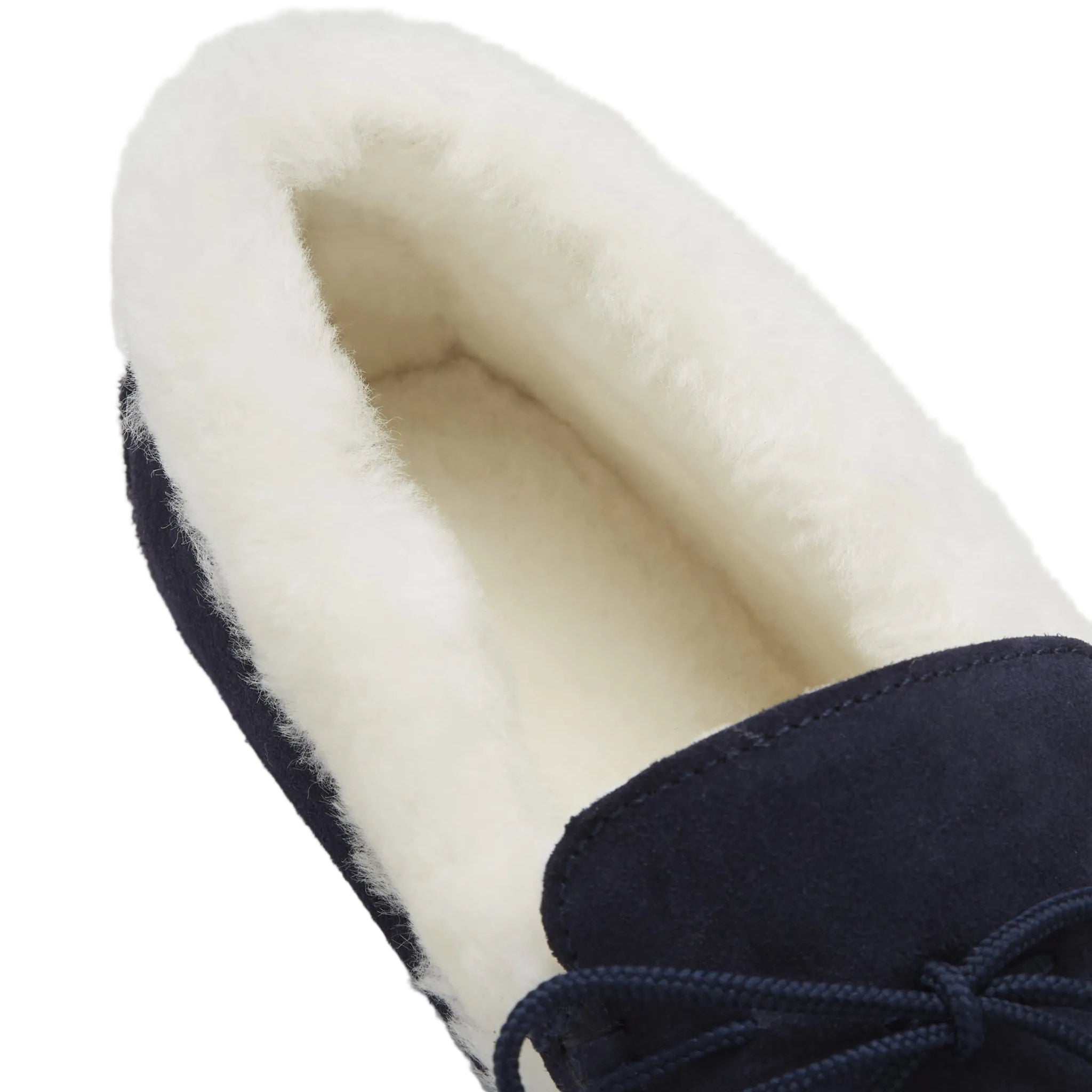 Navy slipper with white lining on a light gray background