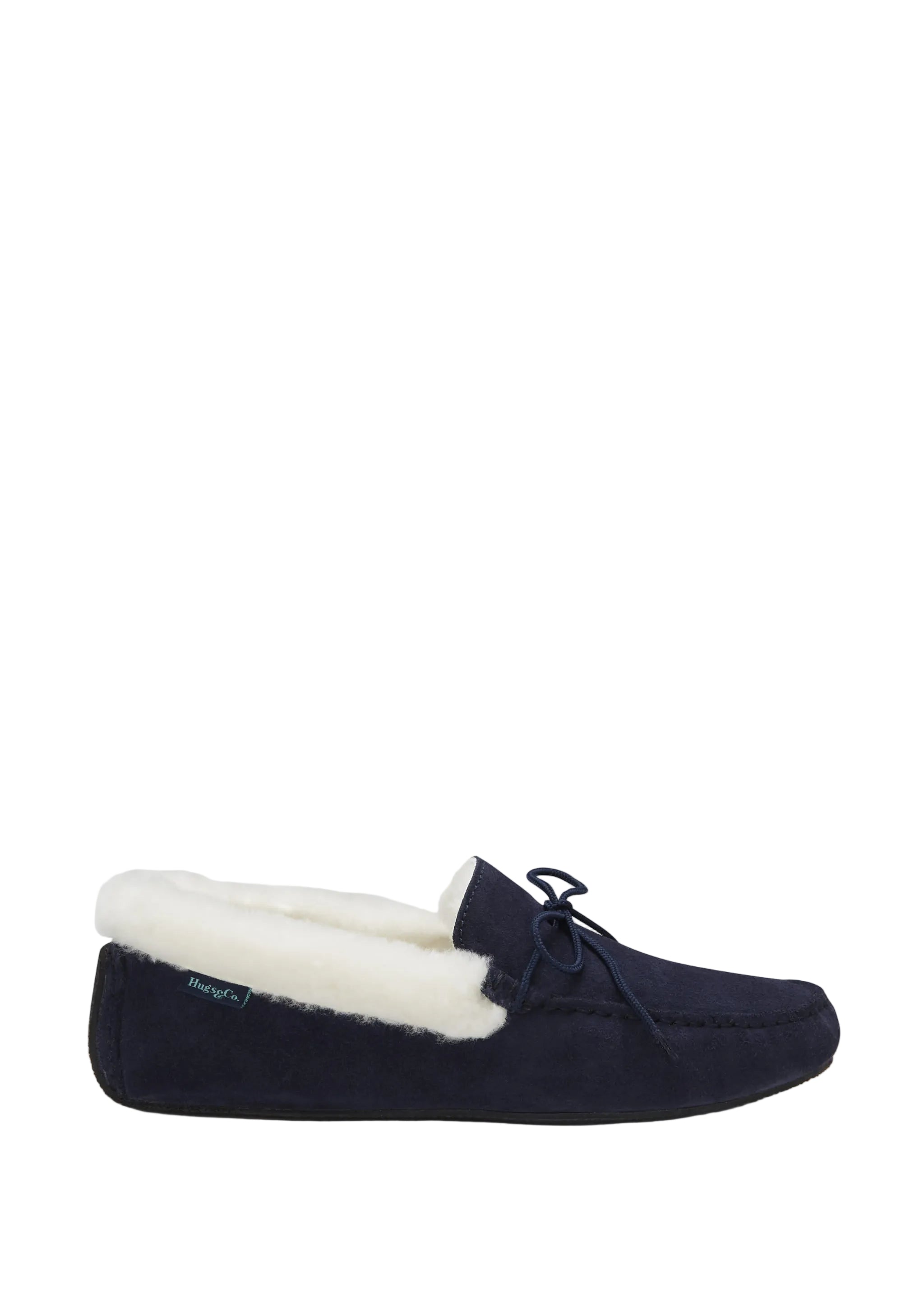 Navy slipper with white lining on a light gray background