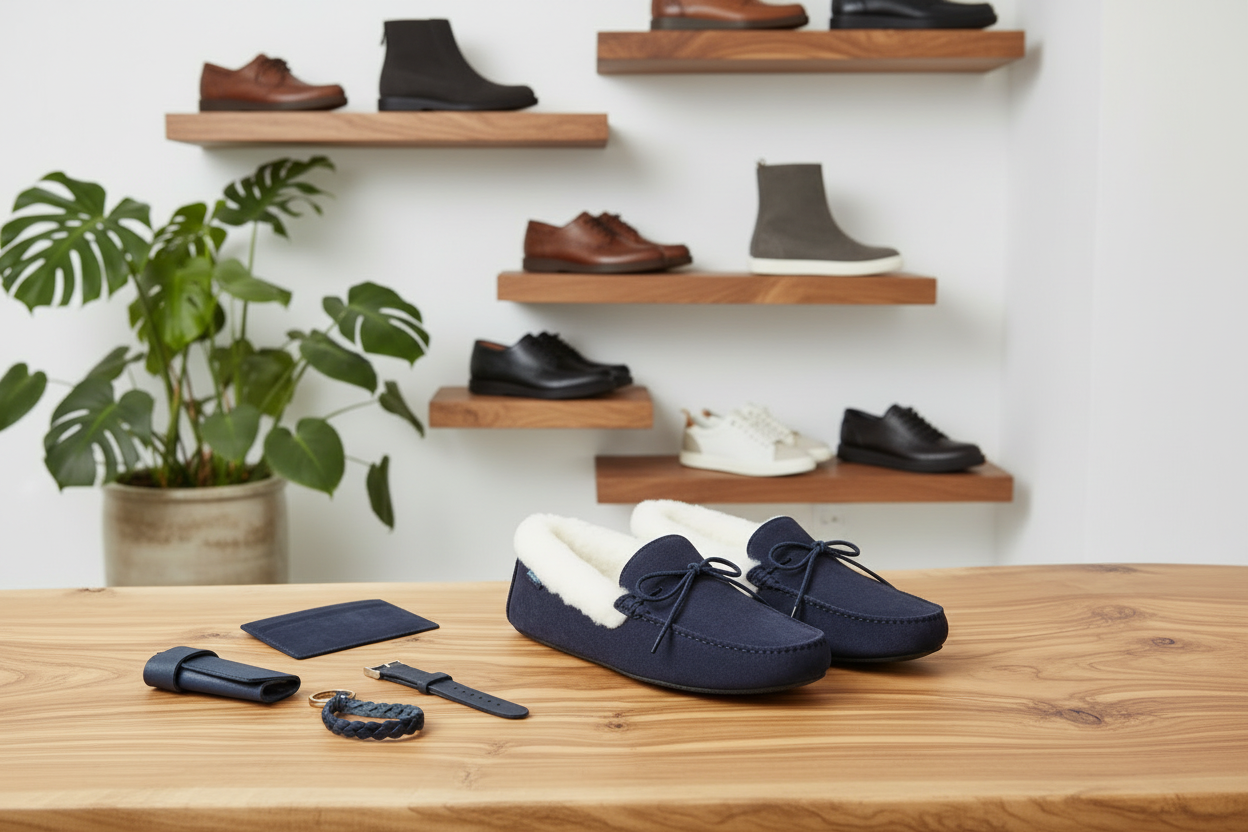 Navy loafers with white fur lining on a wooden table, with shelves displaying more shoes in the background.