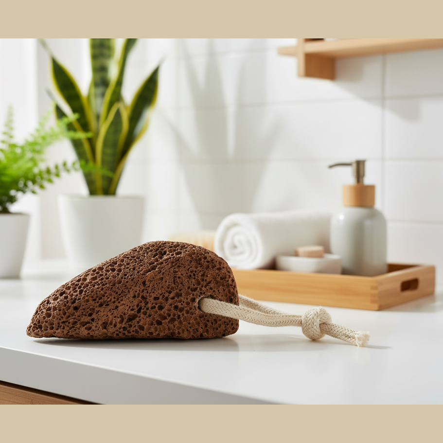 Brown pumice stone on a white surface with plants and bathroom items in the background
