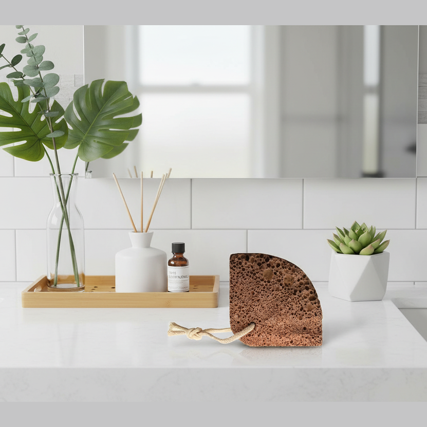 Bathroom counter with decorative items including a plant, a volcanic foot stone, and a small plant.