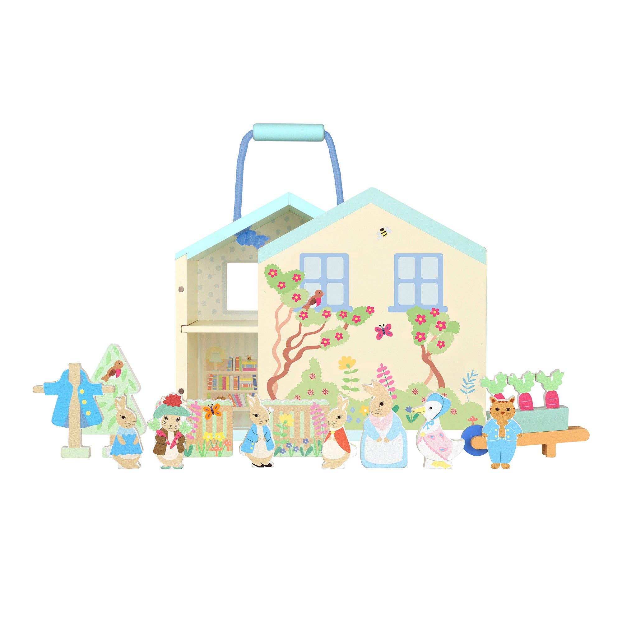 Toy house with characters and furniture on a white background