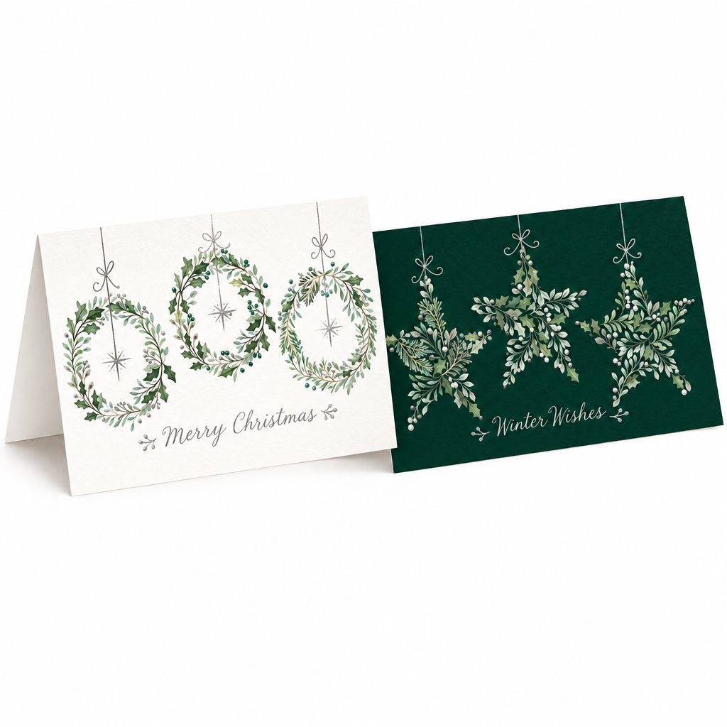 Two Tom Smith Christmas cards: a white ‘Merry Christmas’ foliage wreath design and a dark green ‘Winter Wishes’ foliage star design