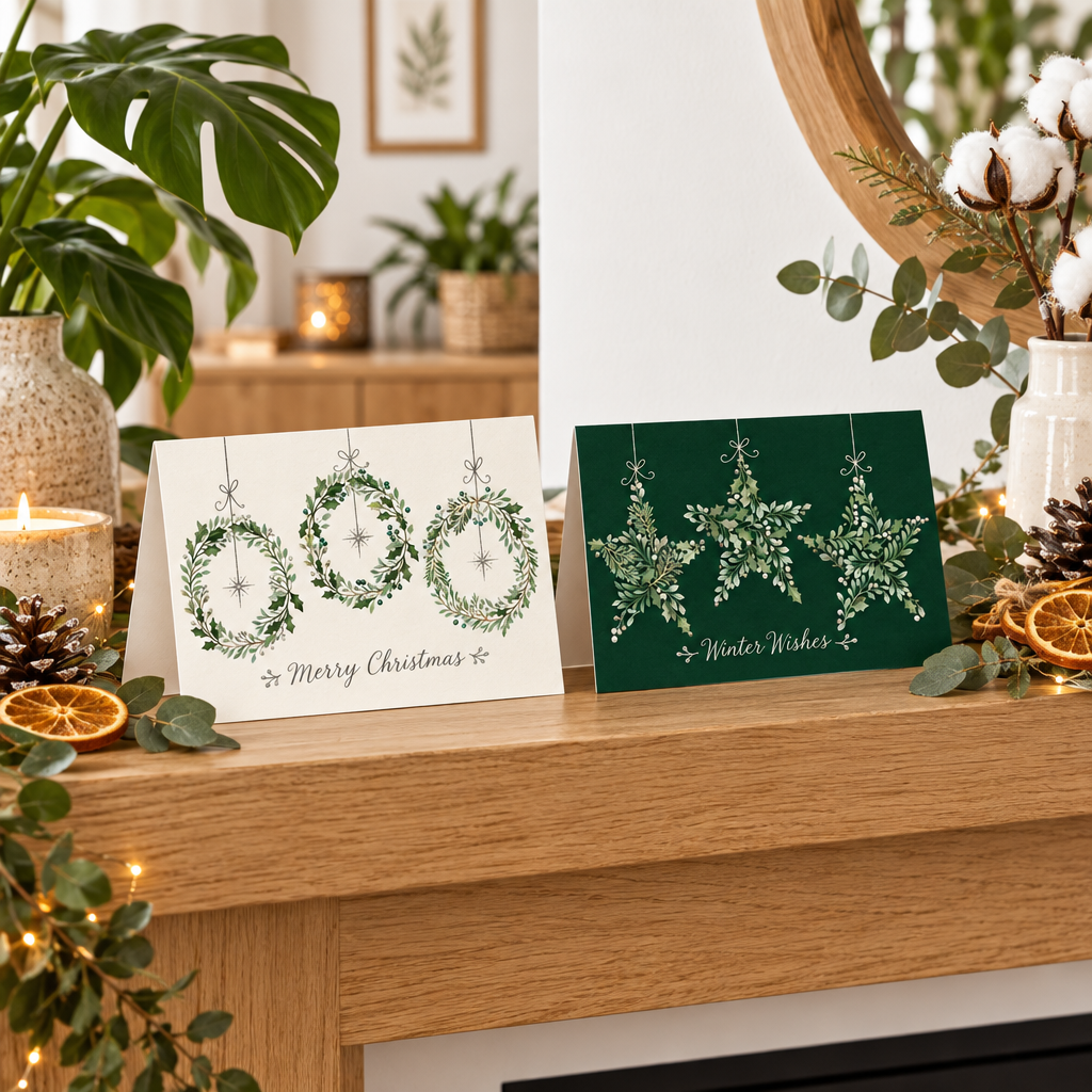 Two Christmas greeting cards are displayed on a wooden mantel in a decorated home setting. One card is off-white with three green wreath illustrations and the text 'Merry Christmas', and the other is dark green with three foliage stars and the text 'Winter Wishes'.