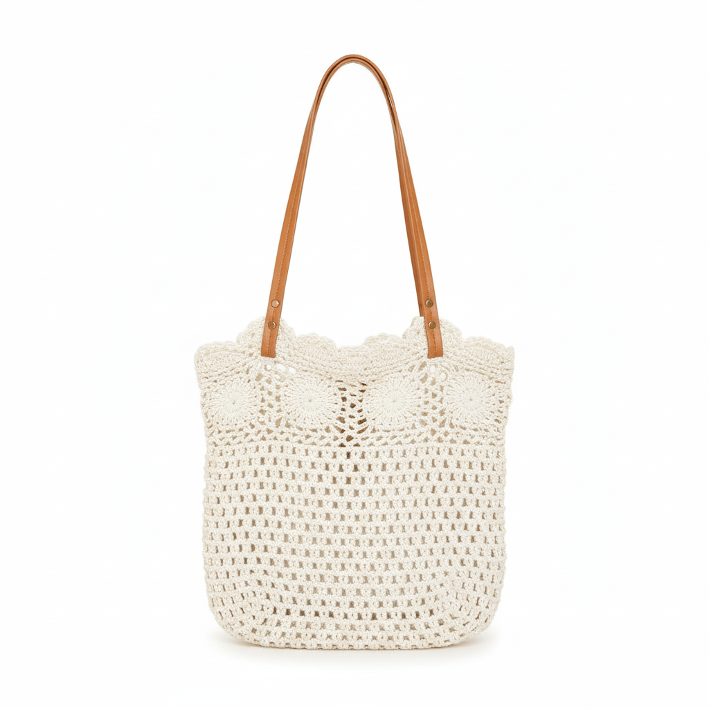 White woven handbag with brown handles on a white background