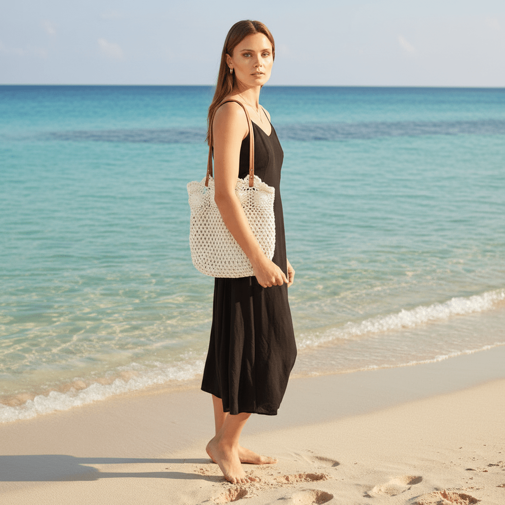 Woman holding a woven bag on a beach with clear blue water