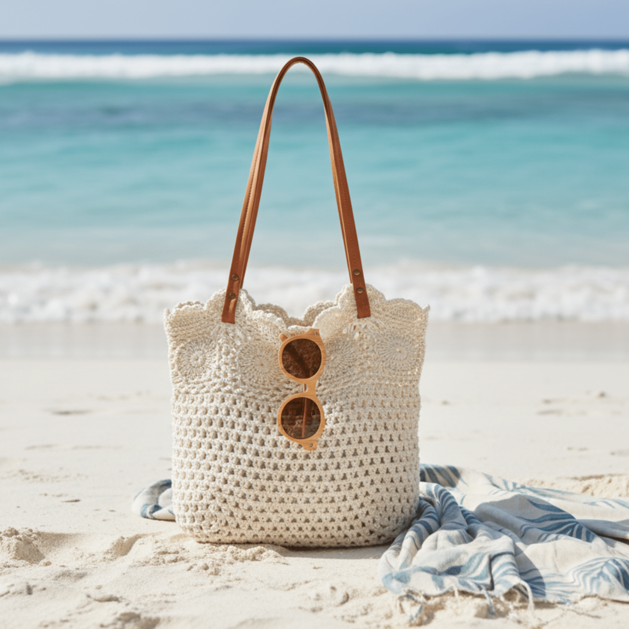 Crocheted bag with sunglasses on a sandy beach with ocean in the background