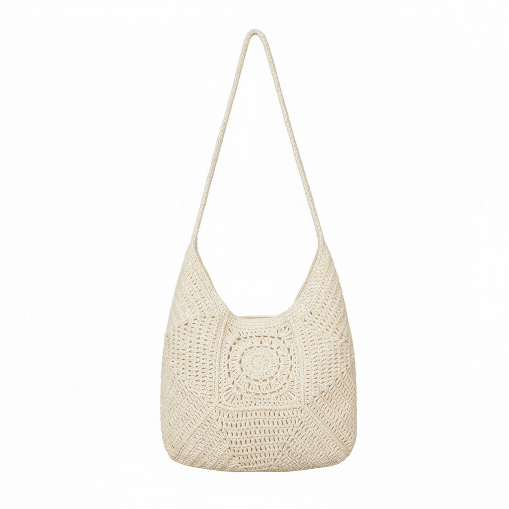 Cream woven handbag on a white background