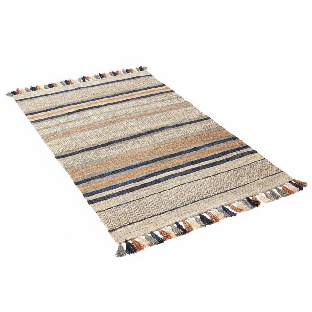 A rectangular woven area rug with horizontal stripes in beige, brown, navy, and cream, finished with fringed tassels on two short ends, shown on a plain white background.