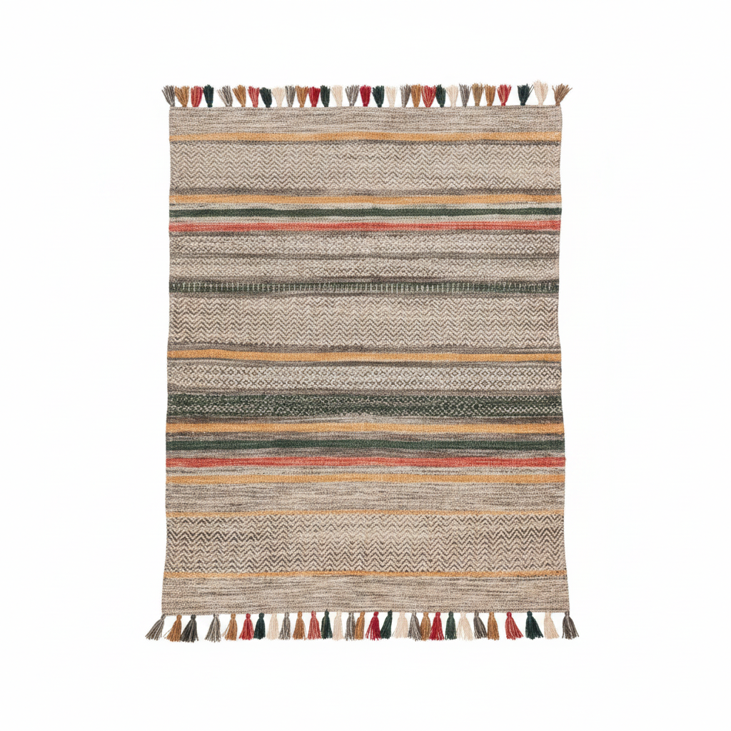 A rectangular woven rug with horizontal striped patterns in beige, brown, green, orange, and red, featuring decorative fringe tassels on the top and bottom edges, shown against a plain white background.