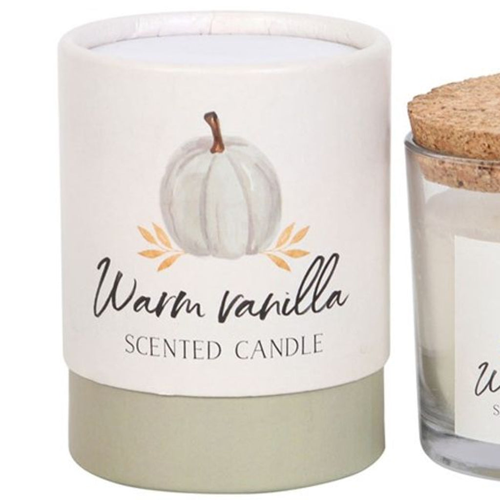 Autumn Candle - Warm Vanilla Jar Candle in Gift Box - Vegan-Friendly Cosy up on a chilly autumn day and enhance your home with this Warm Vanilla fragranced candle. Glass holder with a cork lid and beautifully presented in matching cardboard tube packaging.