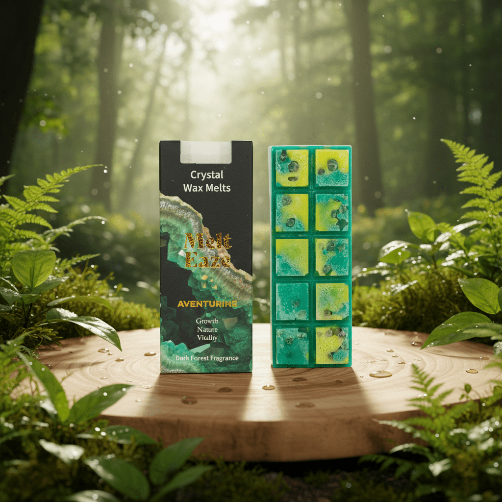 Crystal Wax Melts packaging in a forest setting