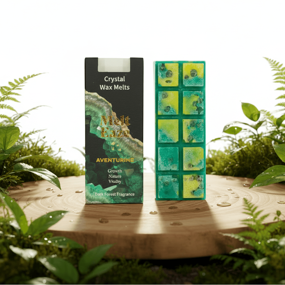 Crystal Wax Melts packaging with green wax melts on a wooden surface surrounded by plants
