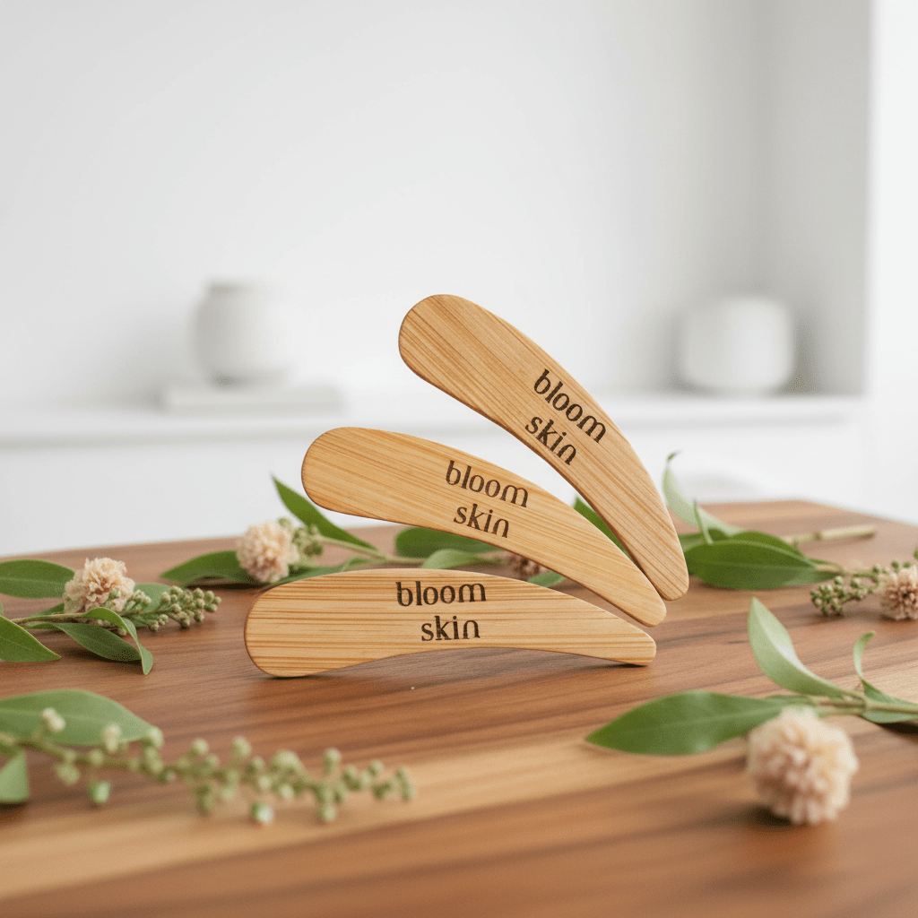 Three wooden tools with 'bloom skin' branding on a wooden surface with greenery.