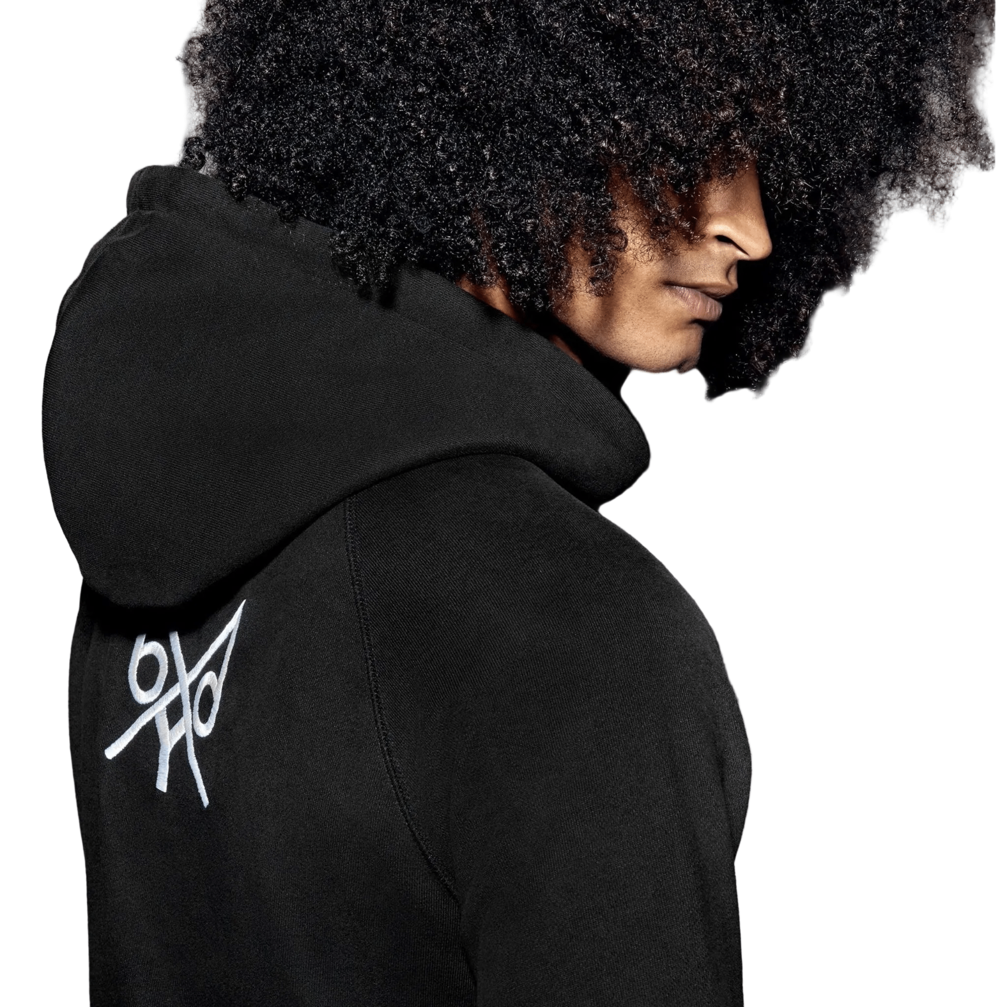 Person wearing a black hoodie with a white logo on the back, against a white background