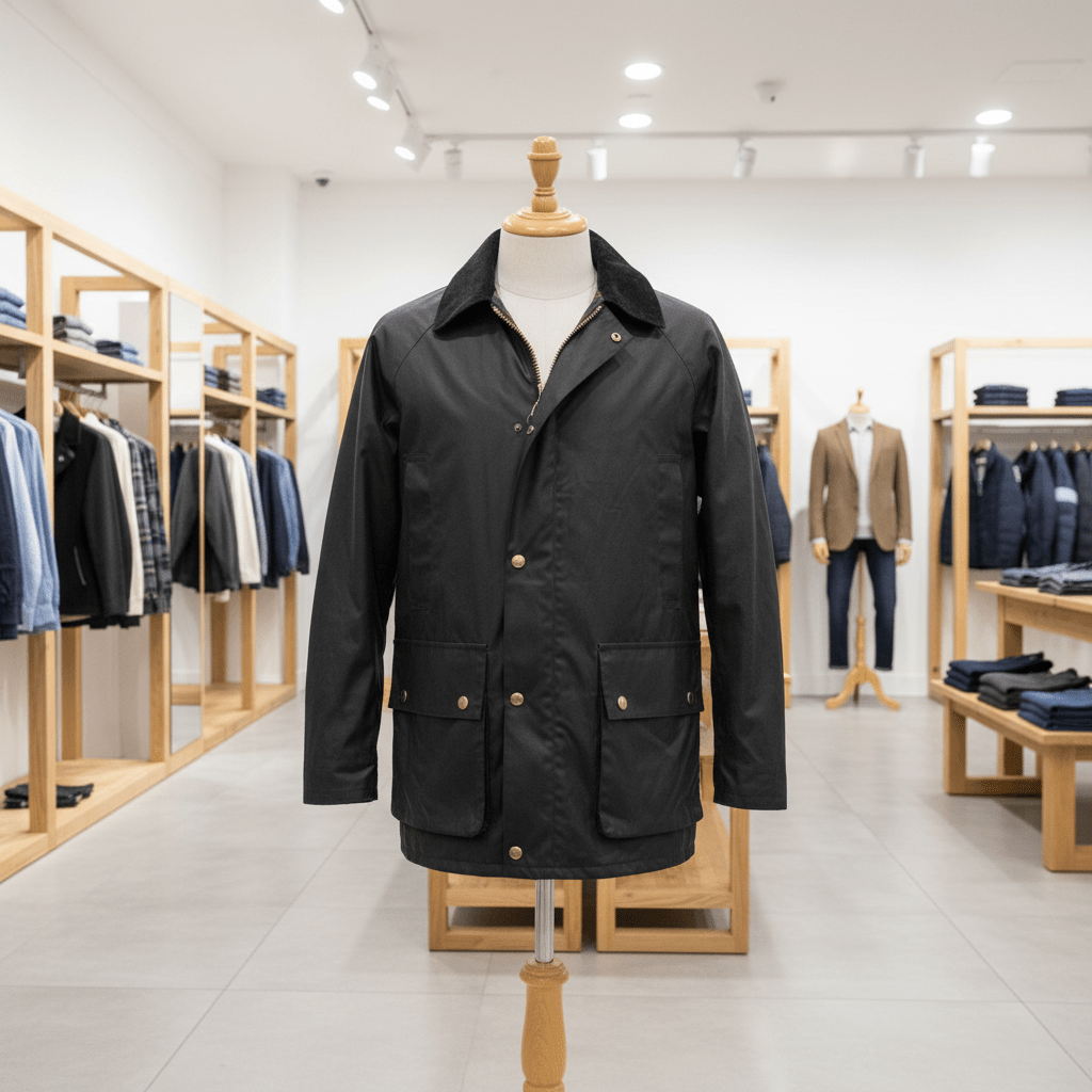 Black jacket on a mannequin in a clothing store with racks of clothes in the background.