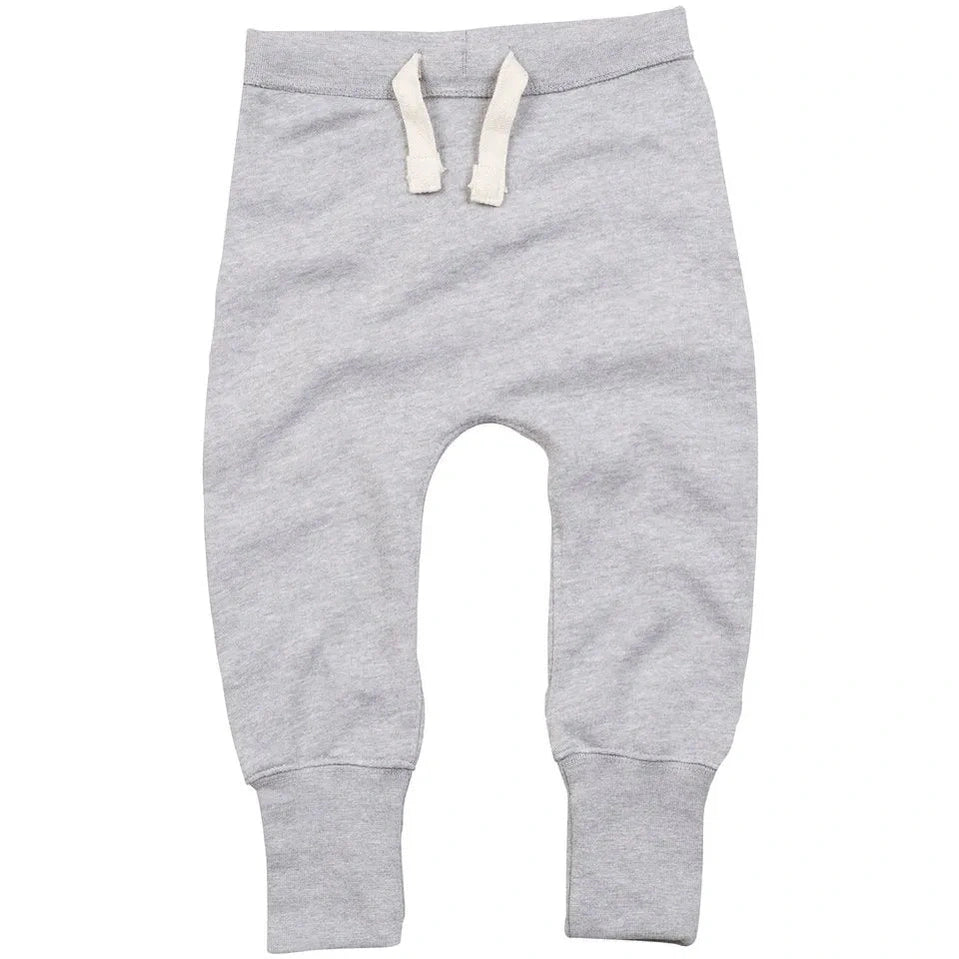 Gray baby jogger pants with white drawstrings on a white background