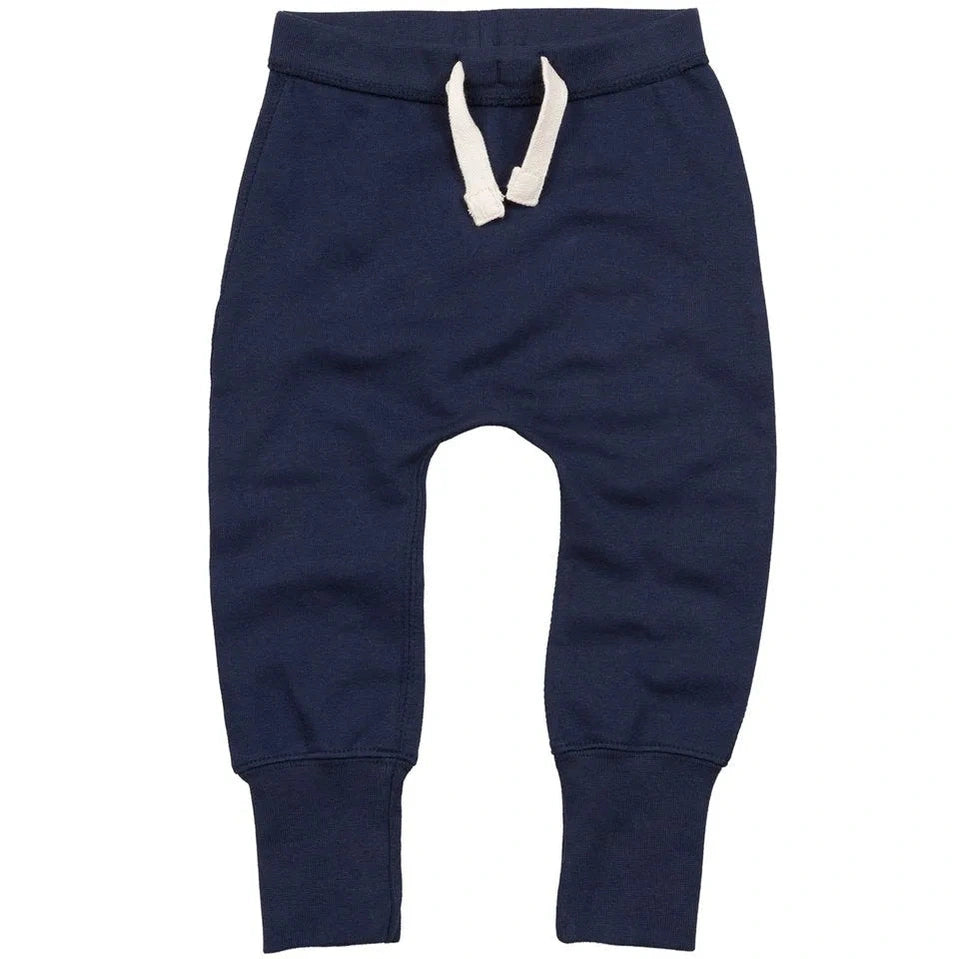 Navy blue baby jogger pants with white drawstring on a white background