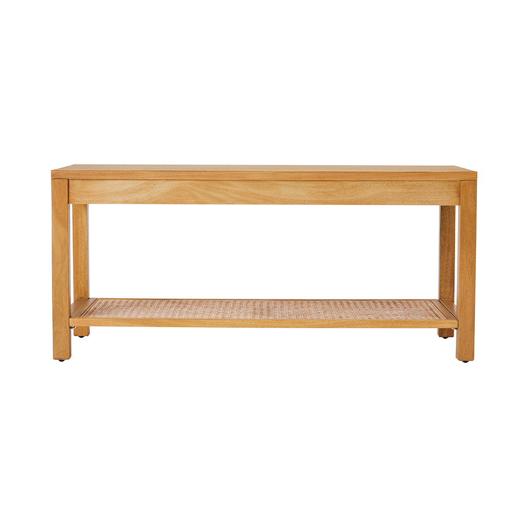 Wooden bench with a rattan shelf on a white background