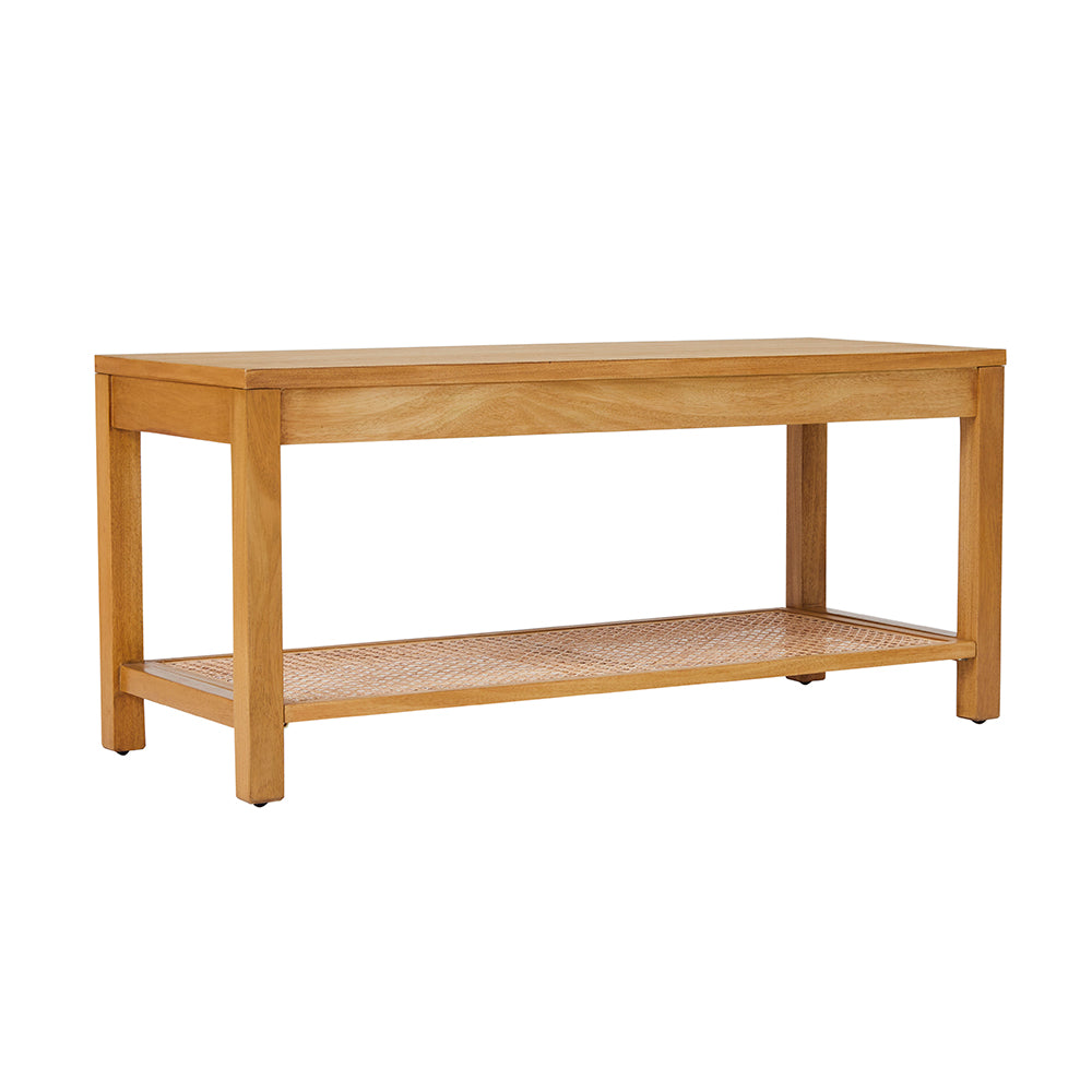 Wooden bench with a woven shelf on a white background