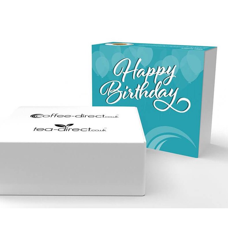White Coffee-Direct gift box beside turquoise Happy Birthday packaging
