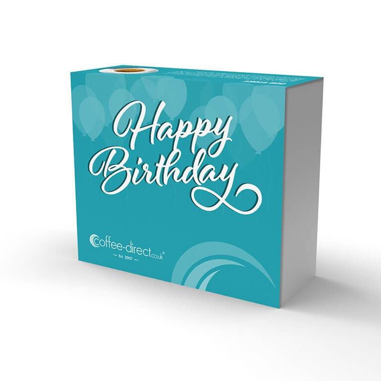 Turquoise Coffee-Direct Happy Birthday gift packaging on a white background