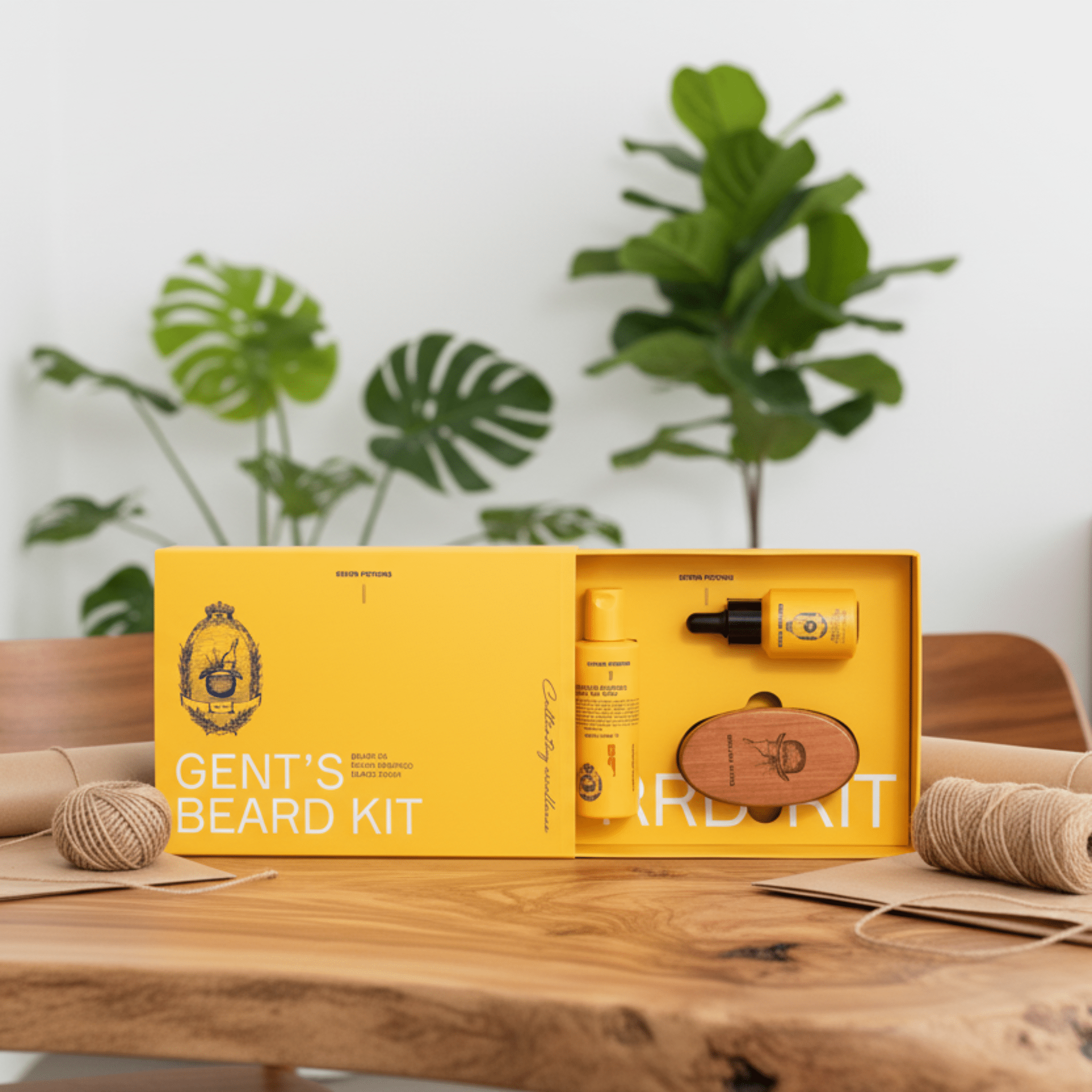 Gent's Beard Kit packaging on a wooden surface with plants in the background
