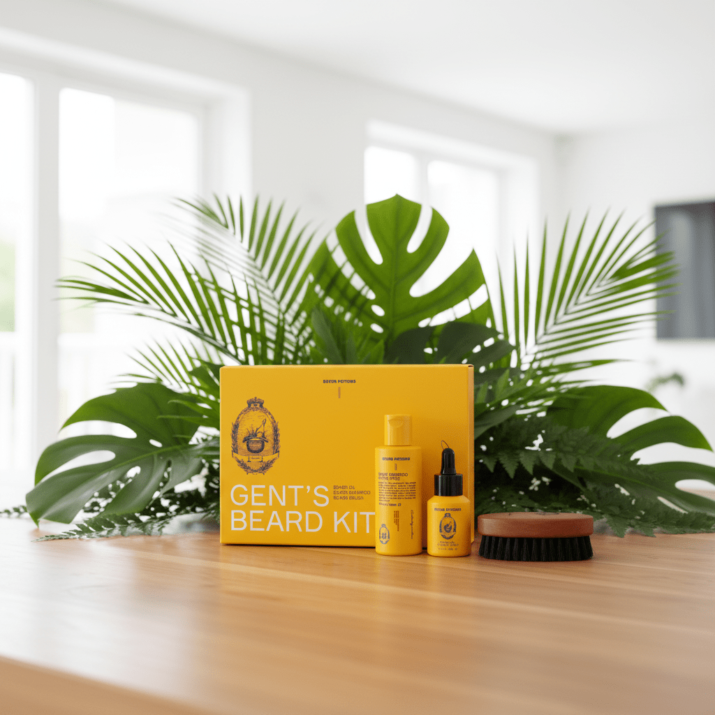 Gent's Beard Kit with bottles and a brush on a wooden surface with plants in the background