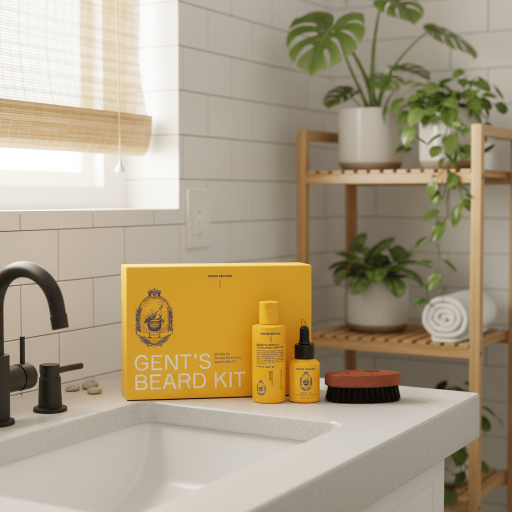 Gent's Beard Kit on a bathroom counter with plants and a window in the background