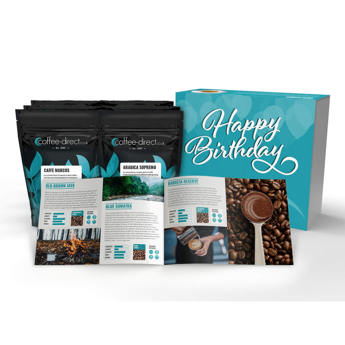 Coffee-Direct birthday gift pack with coffee pouches, coffee guide and turquoise Happy Birthday box