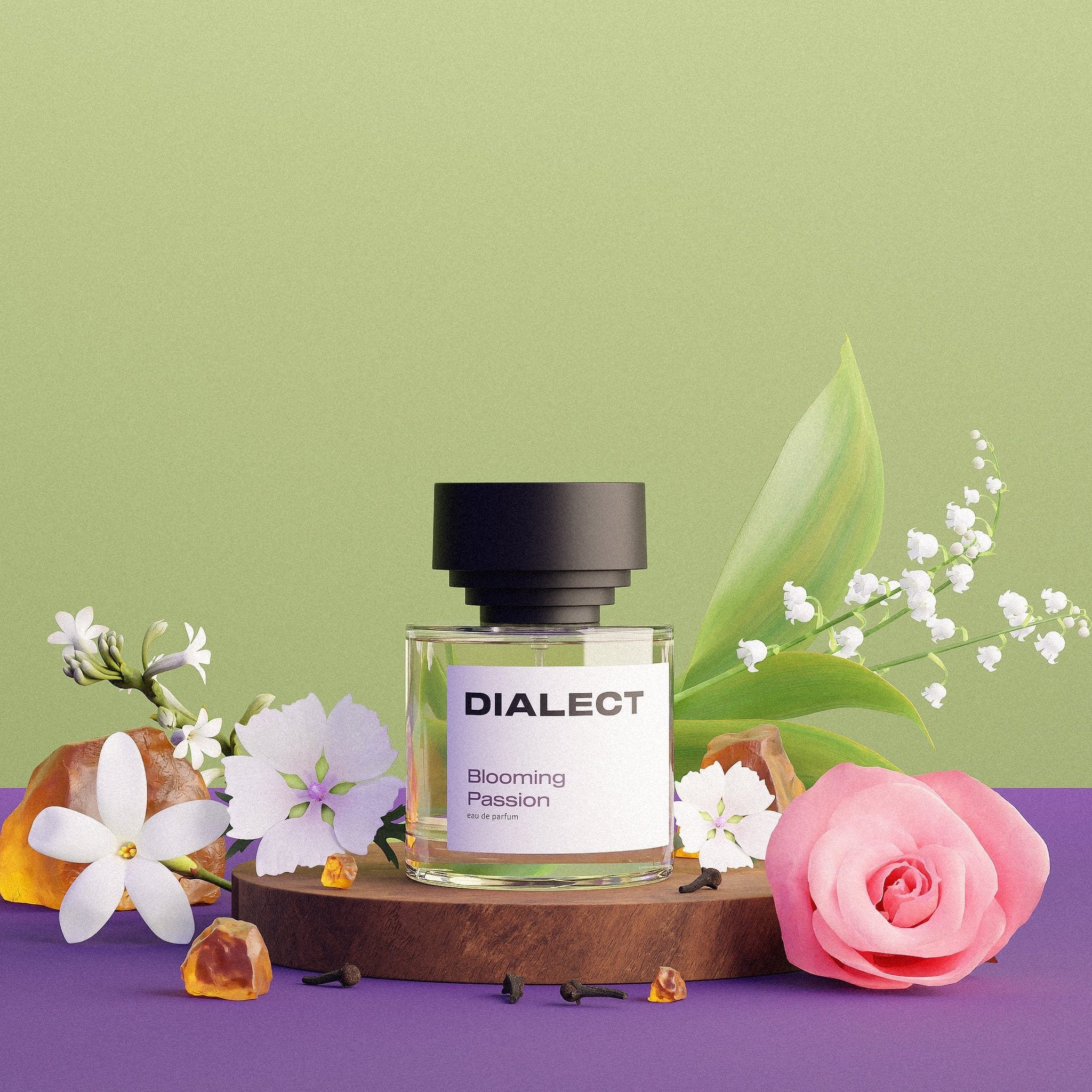 Perfume bottle labeled 'DIALECT Blooming Passion' surrounded by flowers on a purple and green background