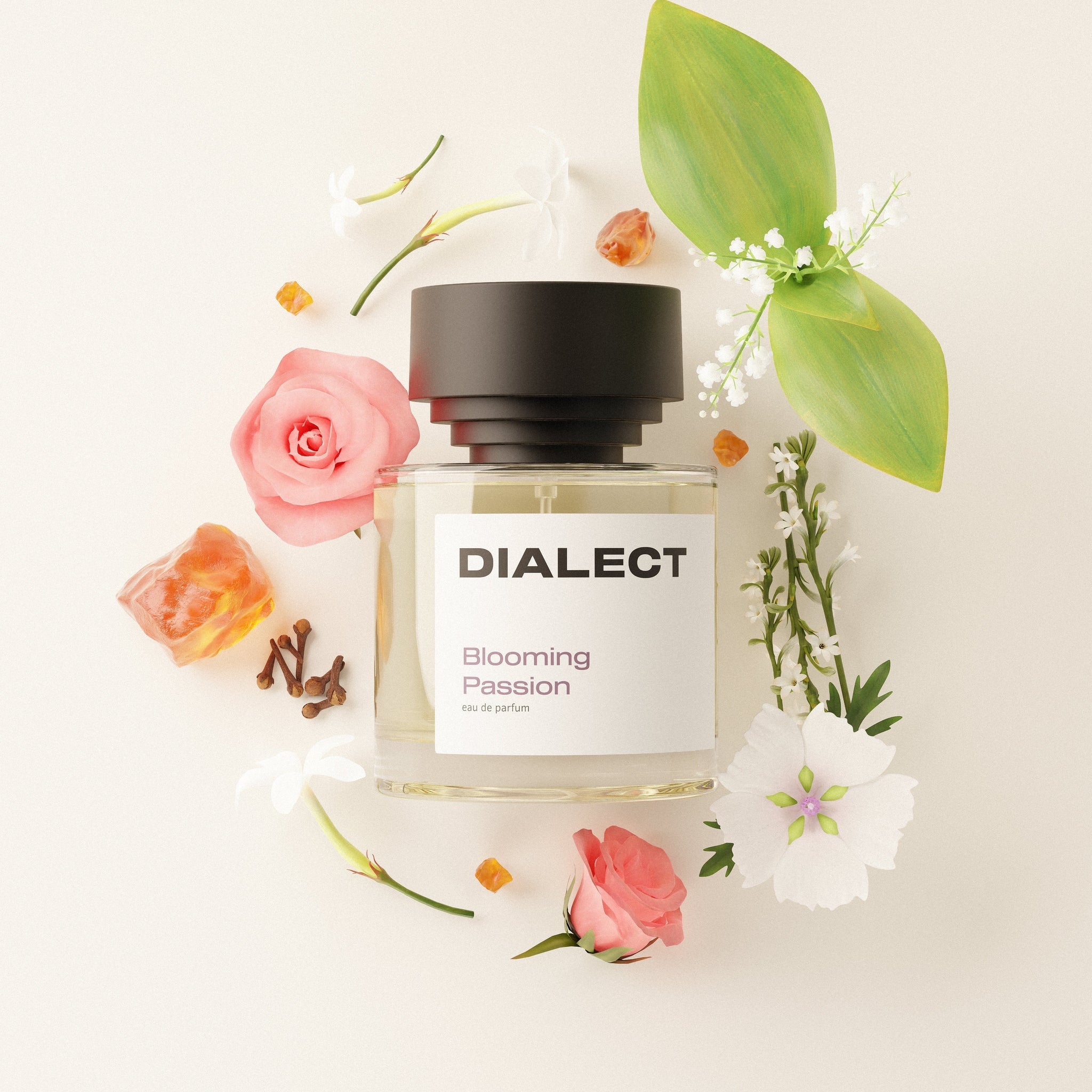 Perfume bottle labeled 'DIALECT Blooming Passion' surrounded by flowers on a light background