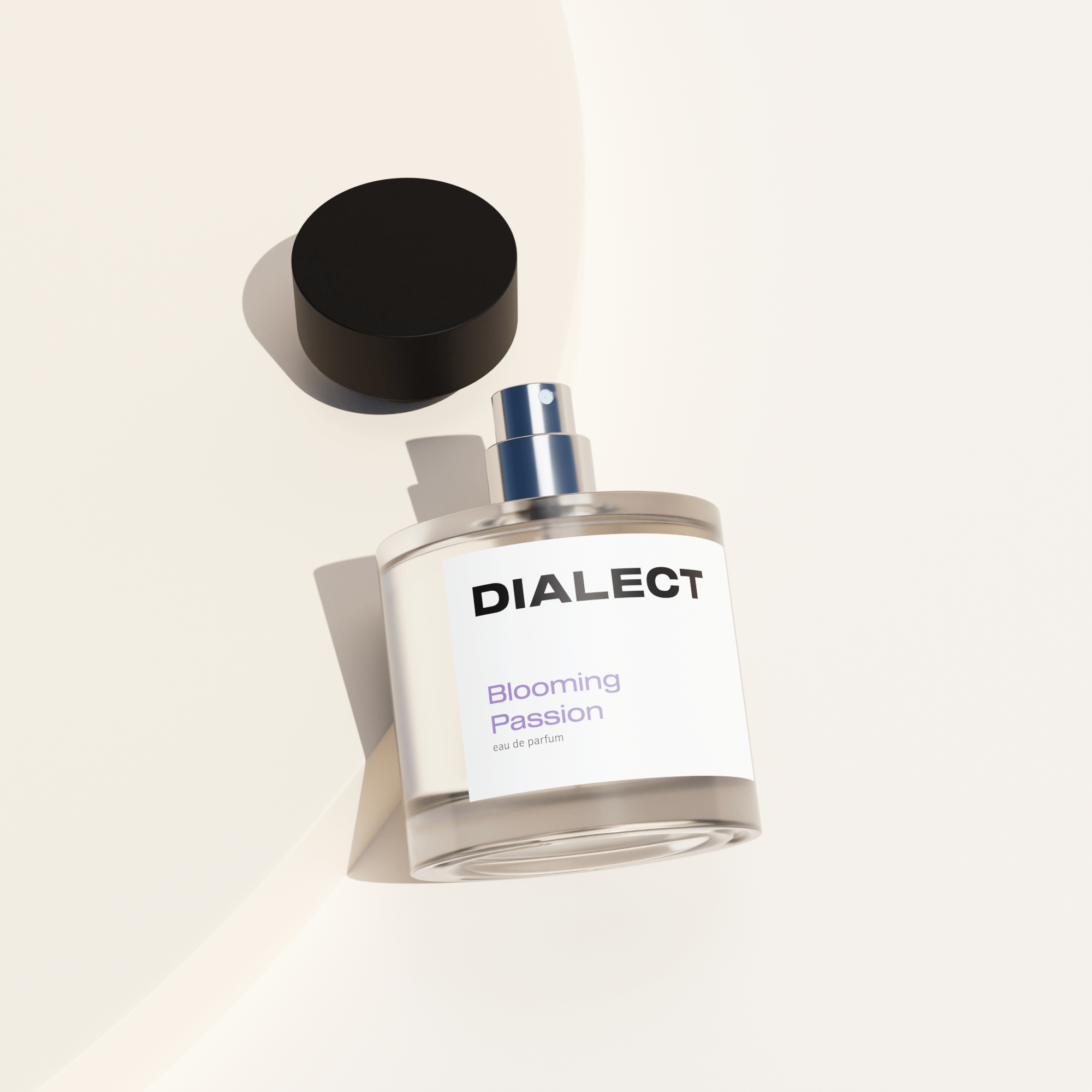 Perfume bottle labeled 'Dialect Blooming Passion' on a light beige background