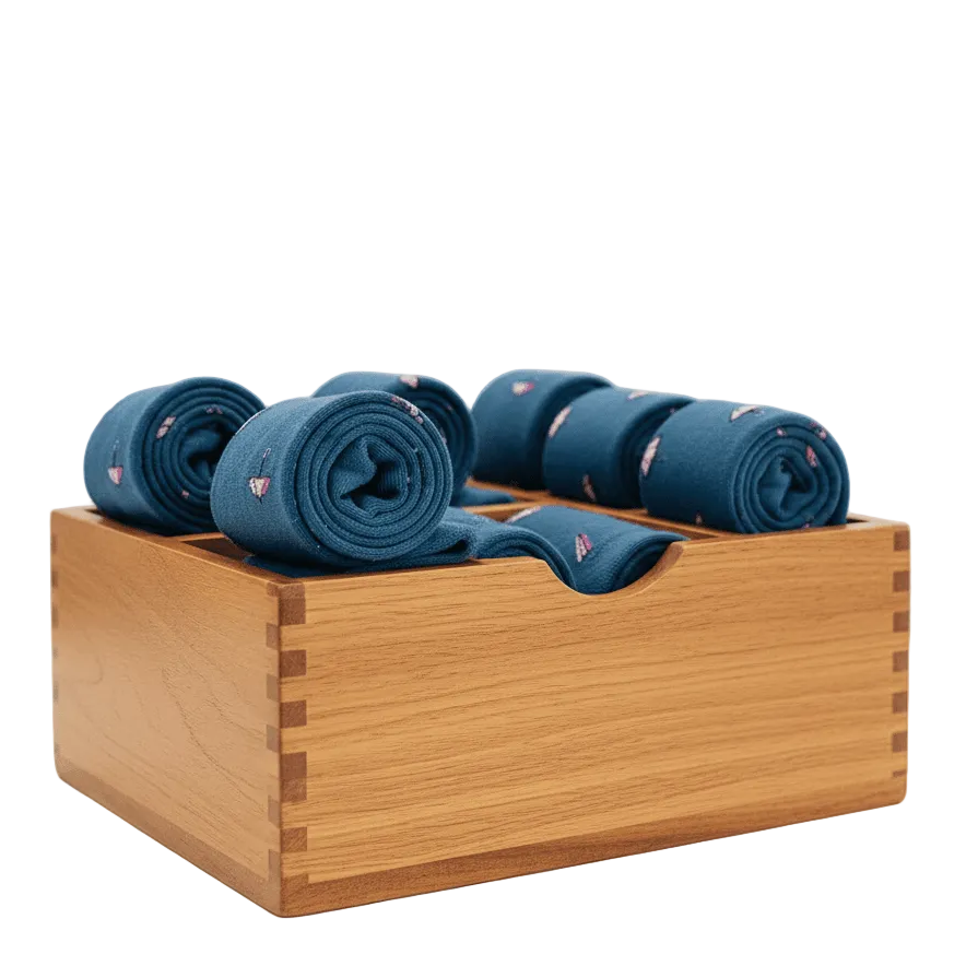 A set of rolled blue cotton socks with a small pink umbrella pattern, neatly arranged inside a light brown wooden presentation box on a white background.