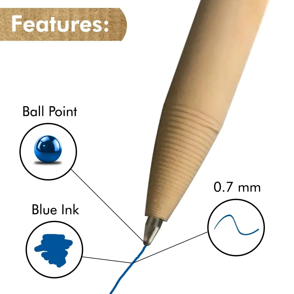 Pen with features highlighted, including ball point, blue ink, and 0.7 mm tip size.