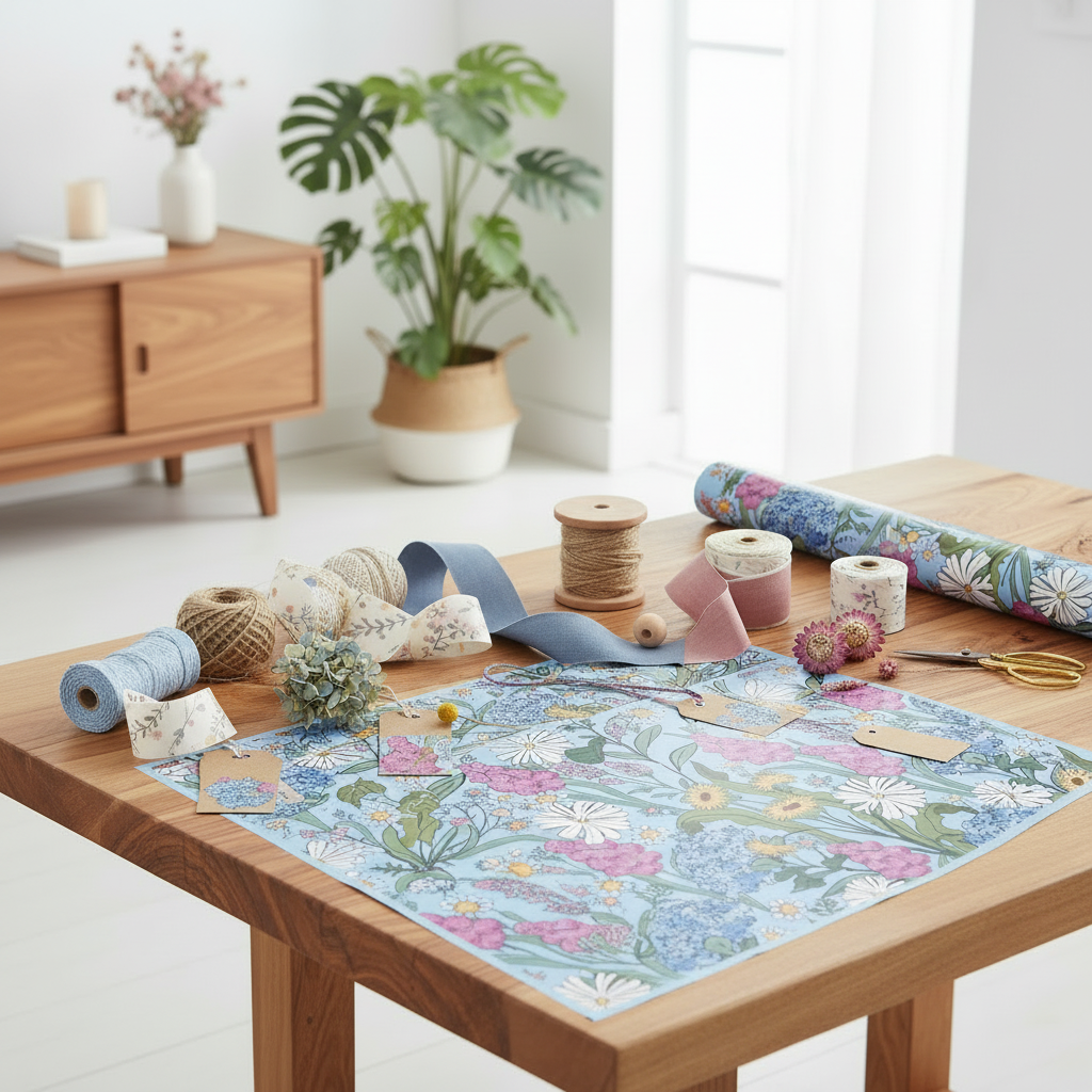 A styled craft workspace on a wooden table with floral wrapping paper, spools of ribbon and twine, scissors, paper tags, and small dried flowers. A potted monstera plant and a wooden cabinet are visible in the softly lit room behind it.