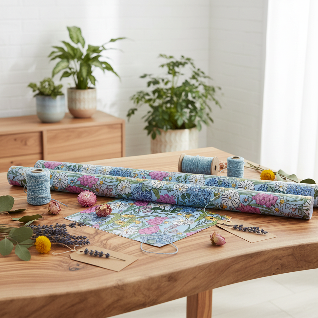 A styled tabletop display featuring floral-patterned wrapping paper, matching spools of thread, and dried botanical props, photographed in a real interior setting with a wooden table, plants, and wall cabinets visible, so this fits Lifestyle rather than Product/Packaging.