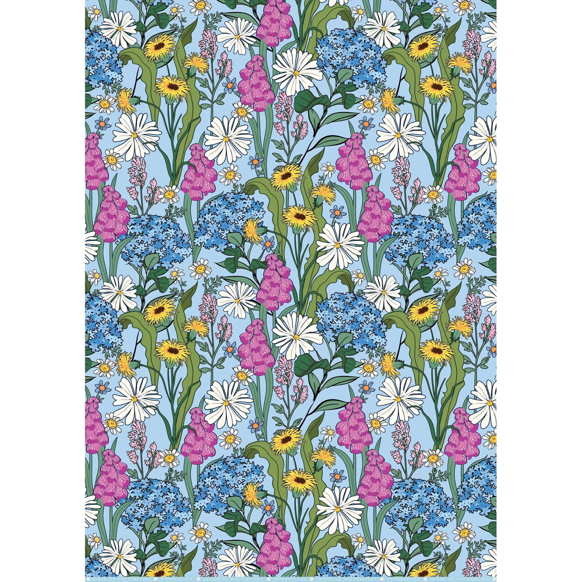 Colourful floral patterned gift wrap on a blue background