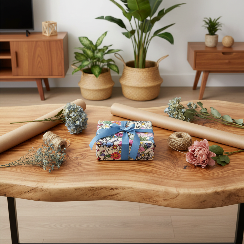 A wrapped gift box with colorful floral paper and a blue ribbon sits on a wooden table surrounded by crafting supplies like rolls of brown paper, twine, and dried flowers. The background shows a styled room with plants and wooden furniture.