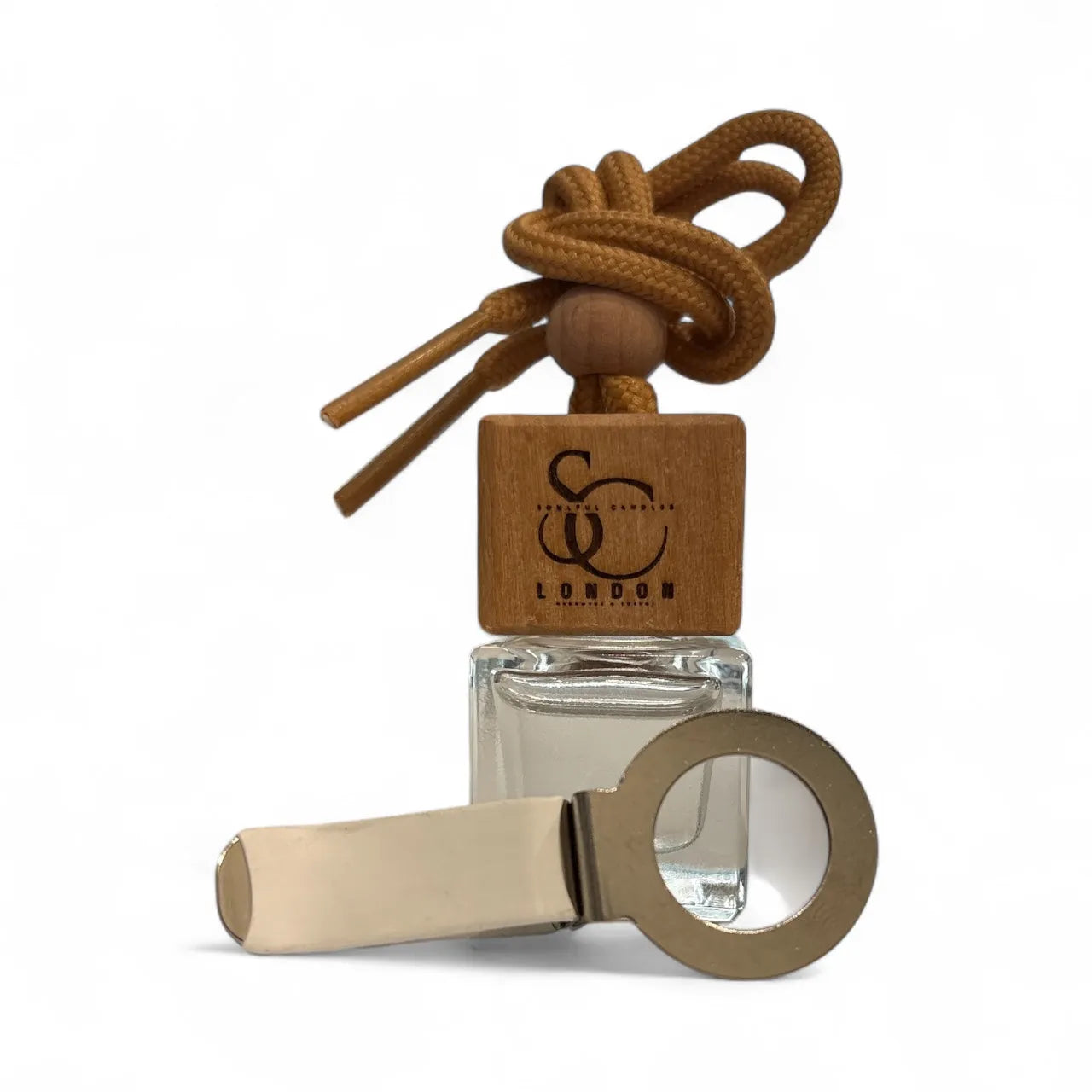 Car air freshener with wooden base and rope, featuring a brand logo on a white background.