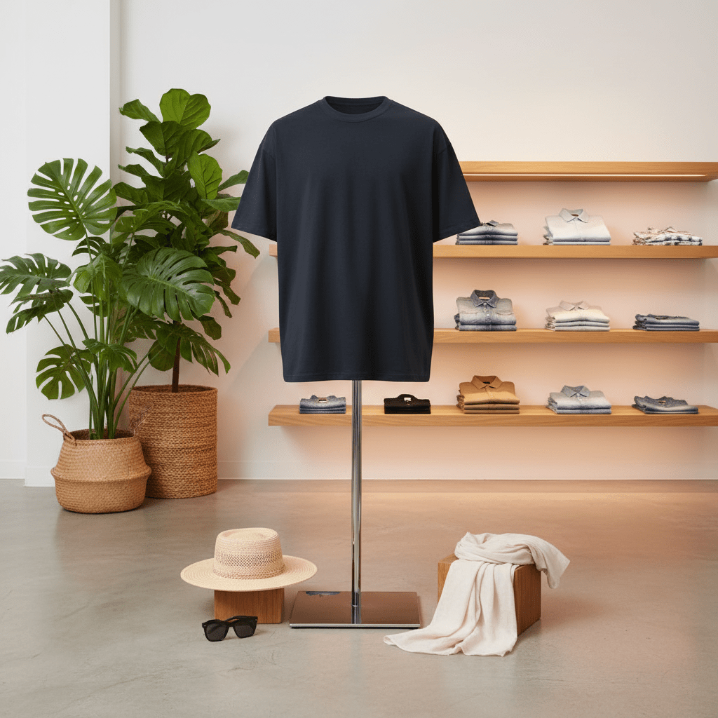 Black sustainable t-shirt on a mannequin stand with shelves of folded clothes in the background