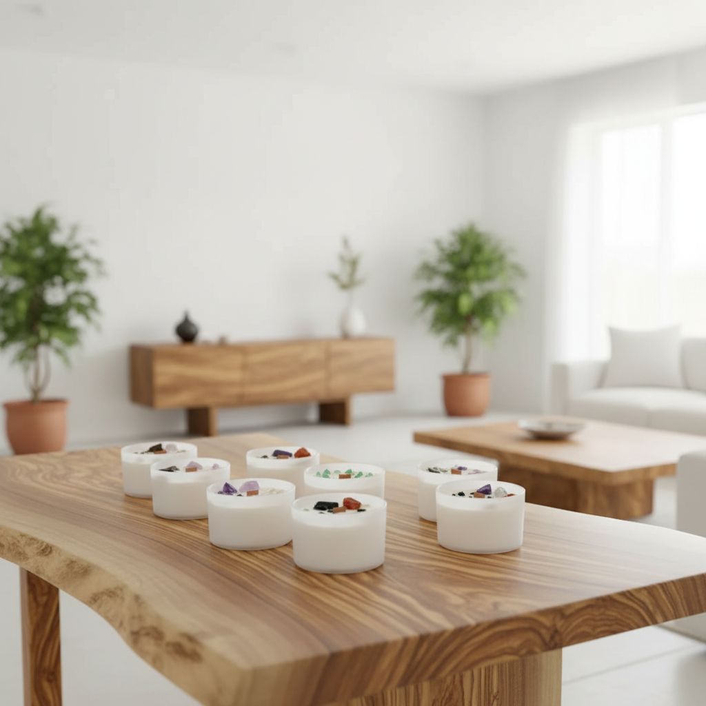 White container candles containing gemstones, on an olive wood table, with a raw edge, in a modern white living space, with eco-friendly decor. wooden furniture, and exotic green plants.