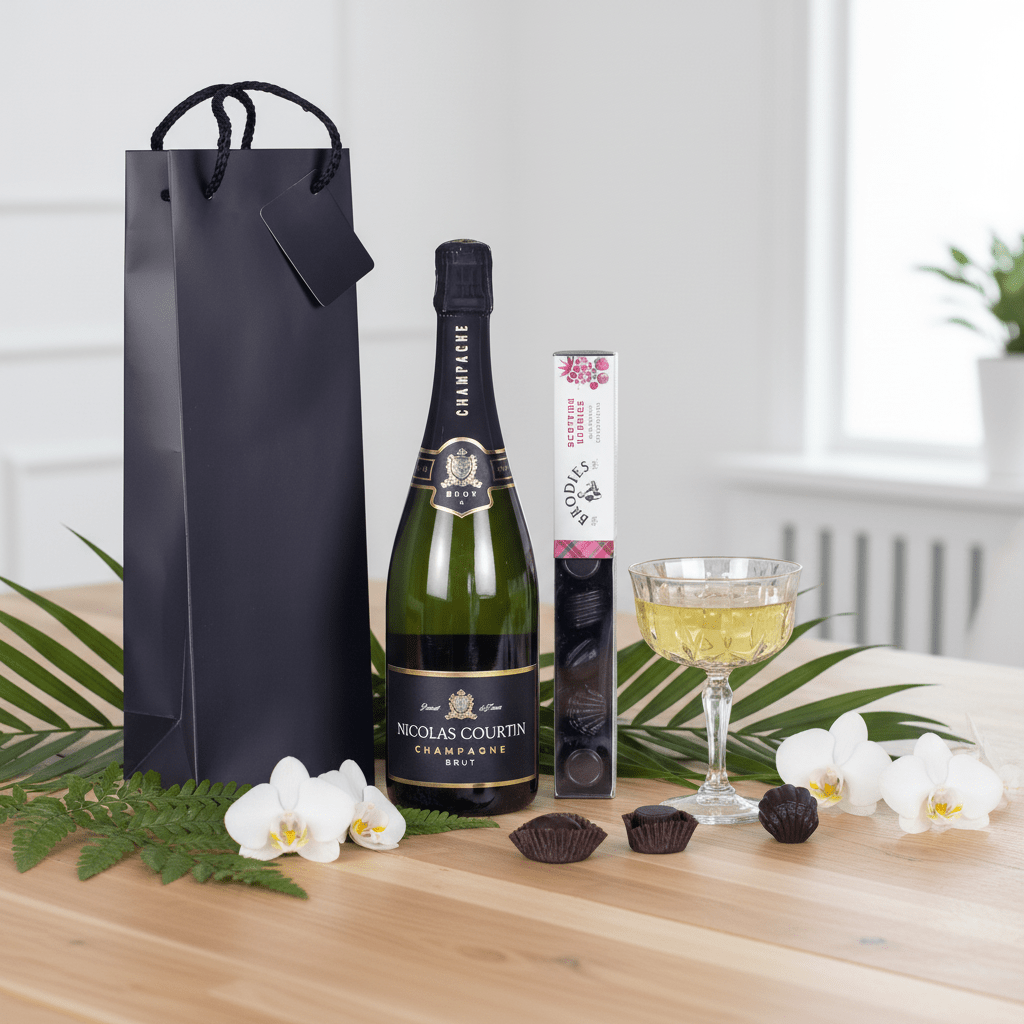 Bottle of Nicolas Courtin champagne with a gift bag, chocolate truffles, and a glass of champagne on a wooden table.