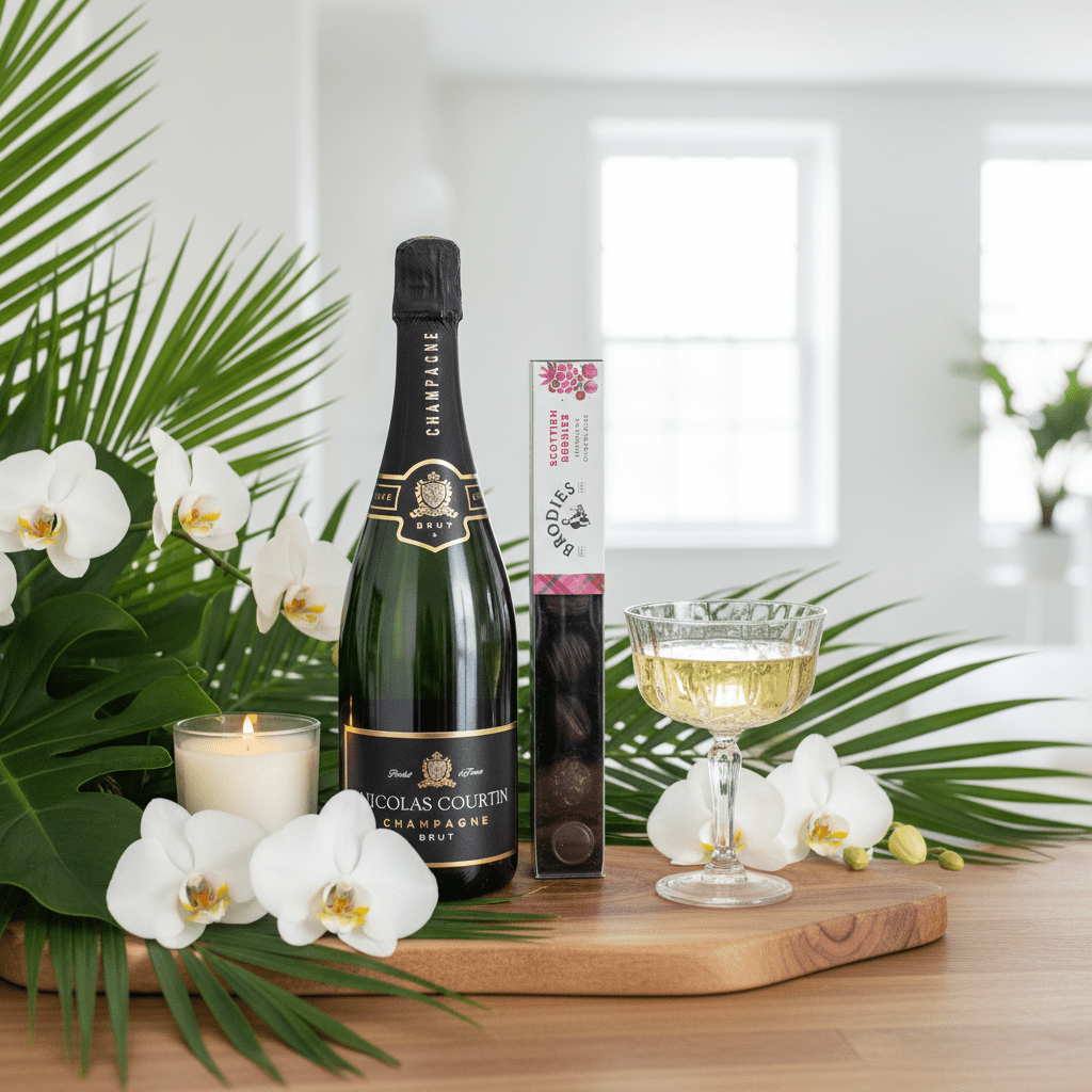 Bottle of Nicolas Couradin champagne on a wooden tray with a glass, box, and flowers in a home setting.