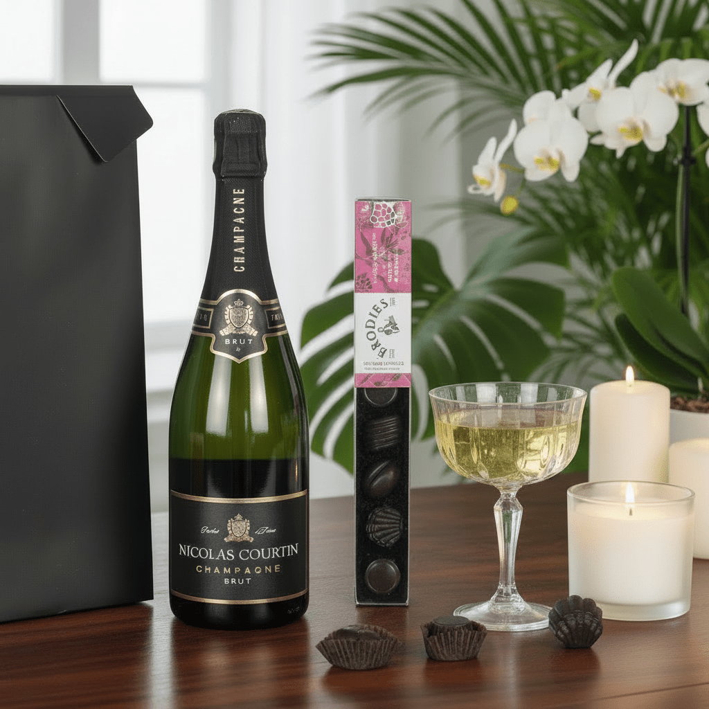 Bottle of Nicolas Courtin champagne with a glass, chocolates, and candles on a table.
