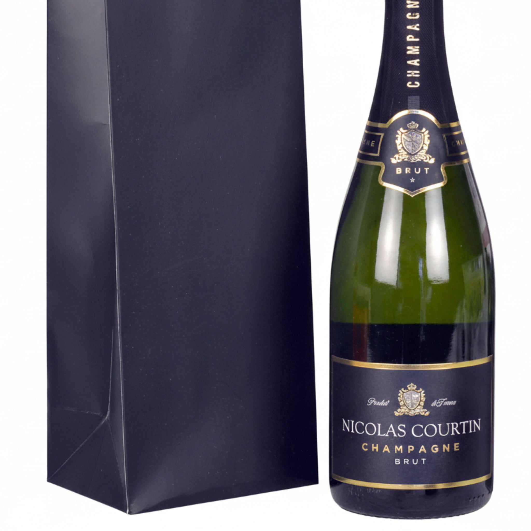 Bottle of Nicolas Courtin Champagne with a matching gift bag on a white background